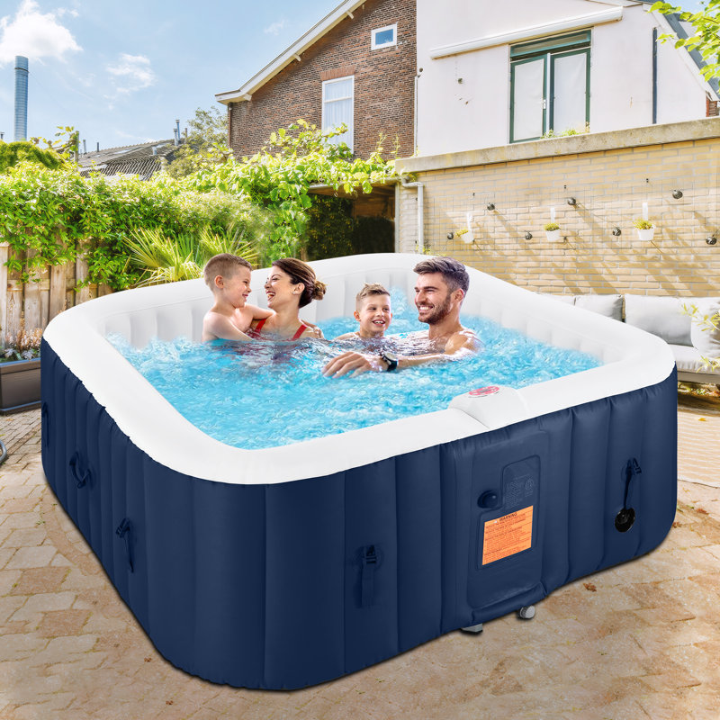 73" Square Inflatable Hot Tub Spa for 4–6 People, 130 Air Jets Portable Home Spa with Heater, Lockable Cover, 2 Cup Holders, 4 Replacement Filters, 240 Gallon Capacity