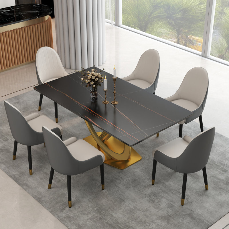 Ensemble de table de salle à manger moderne 7 pièces Zagan, Noir, Blanc / Gris / Noir, H 29,53 po x L 70,84 po x P 35,43 po