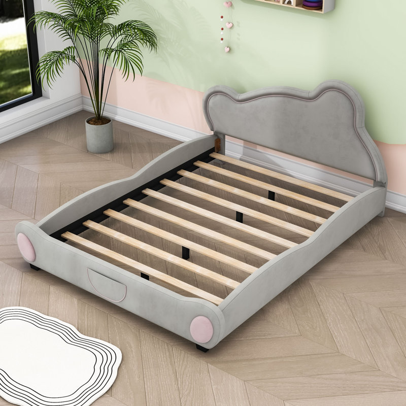 Lit plateforme en velours avec tête de lit Amareya, Complète, gris