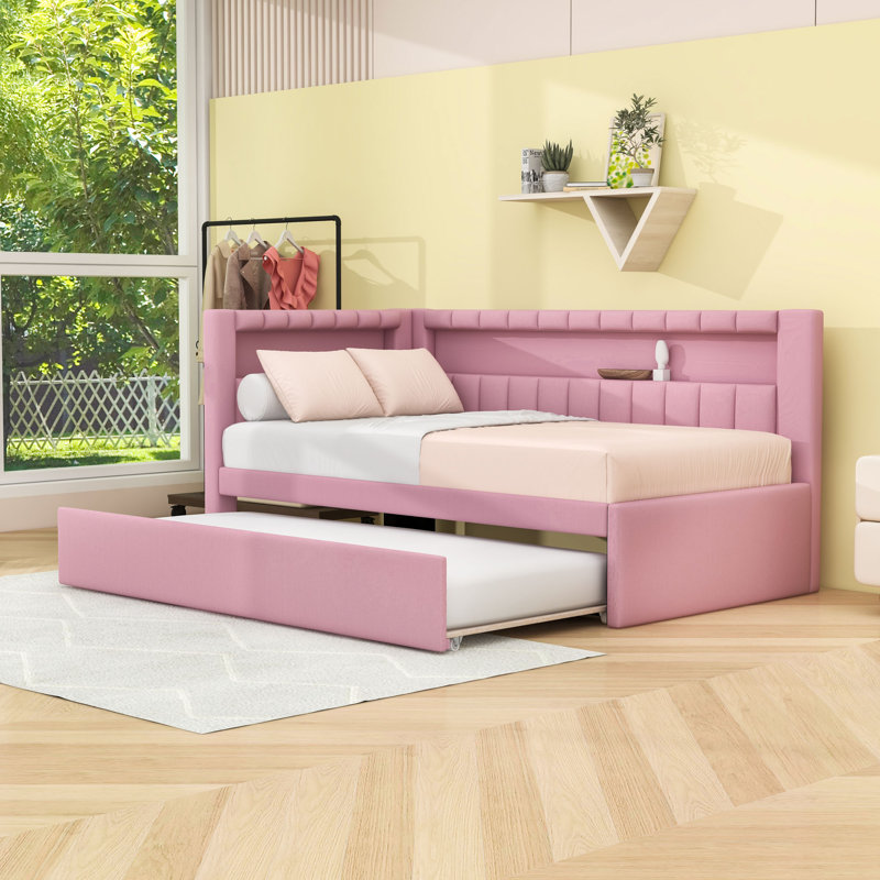 Svojas Twin Size Linen Upholstered Daybed with USB Ports,LED,Shelves and Twin Trundle, Pink