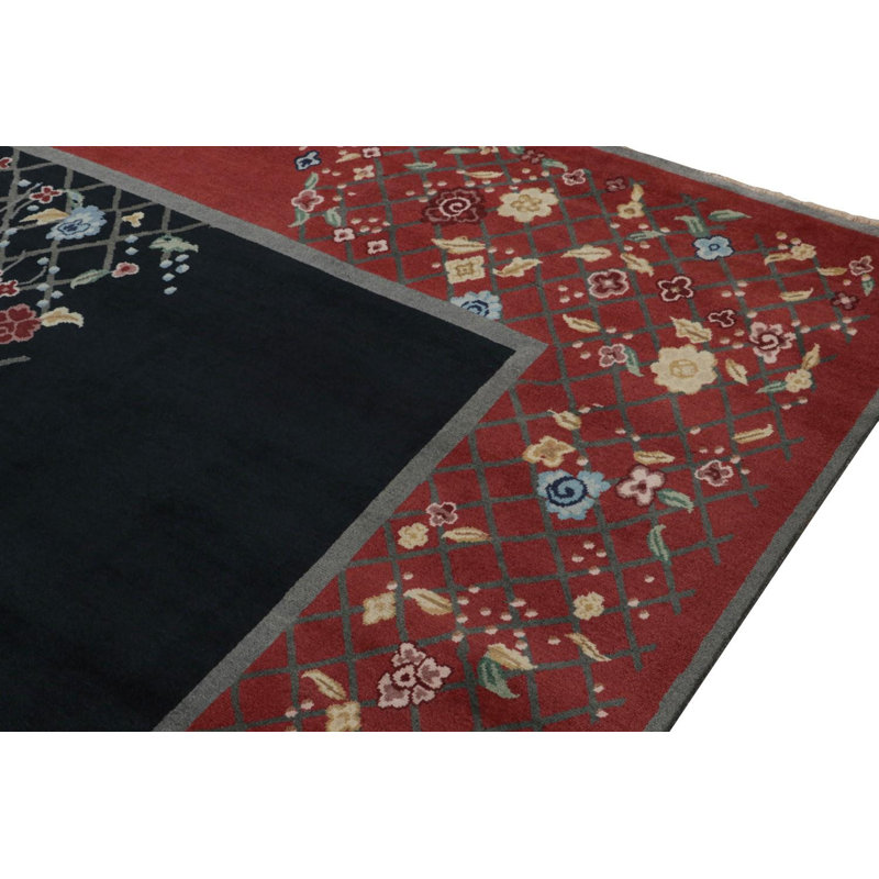 Rug & Kilim’S Chinese Art Deco Rug In Red & Black With Colorful Florals, Rectangle 5' x 7'