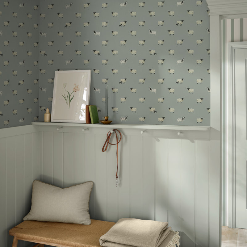 Sophie Allport Sheep Off White Wallpaper, Blue