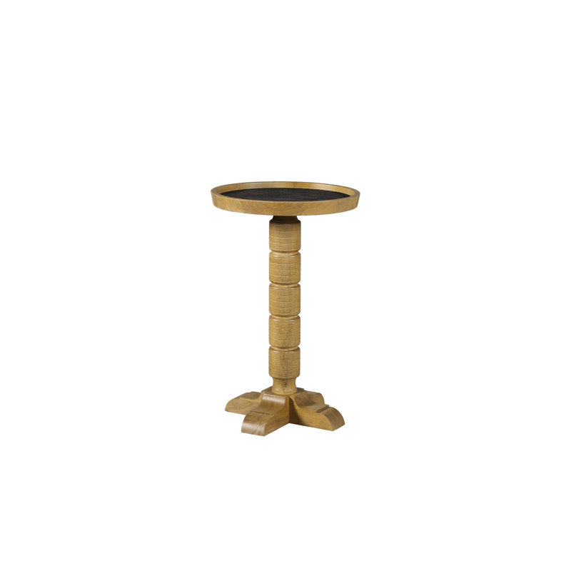 Table d'appoint compacte de couleur noix de cajou, plateau rond pour un encombrement minimal, pied central tourné, bois massif beige, profondeur 35,5 cm, largeur 56 cm, hauteur 56 cm, poids 5,5 kg, couleur, surface