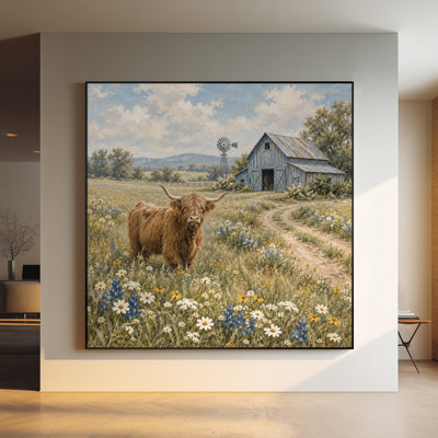 Impression sur tissu grand format - Vache des Highlands dans une ferme de fleurs sauvages avec grange rustique pour salon ou chambre - « Assemblage du cadre requis (cadre non fini) »