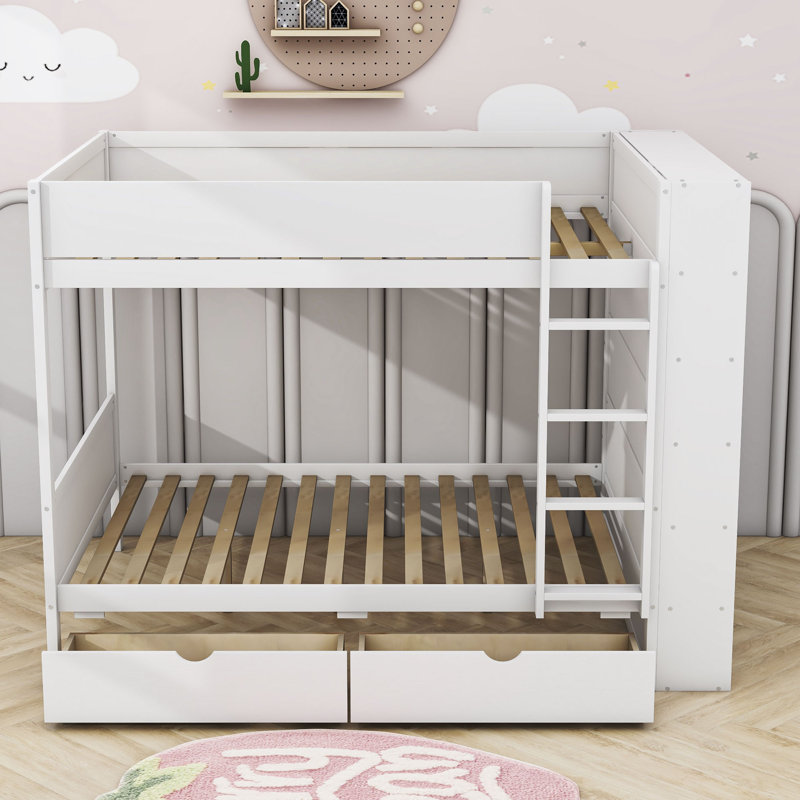 Aleiah Kids Twin Bunk Bed with Drawers, White, Full over Full