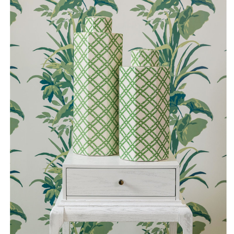 Bamboo Trellis White/Green Porcelain Jar, 16" H x 7.5" W x 7.5" D