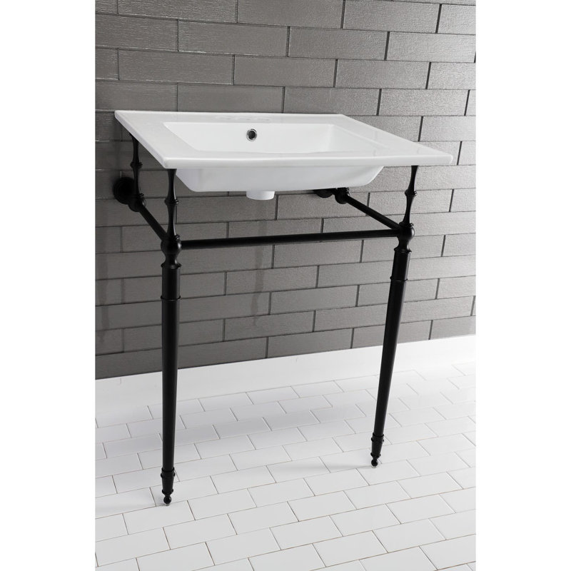 Kingston Brass Edwardian 25-Inch Ceramic Console Sink with Brass Legs (4-Inch, 3-Hole), White/Matte Black