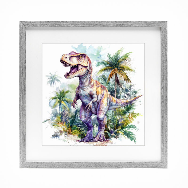 T-Rex parmi les palmiers, reproduction encadrée sous verre, design by Creative Studio, H 16 po x l 16 po, Cadre de ferme gris