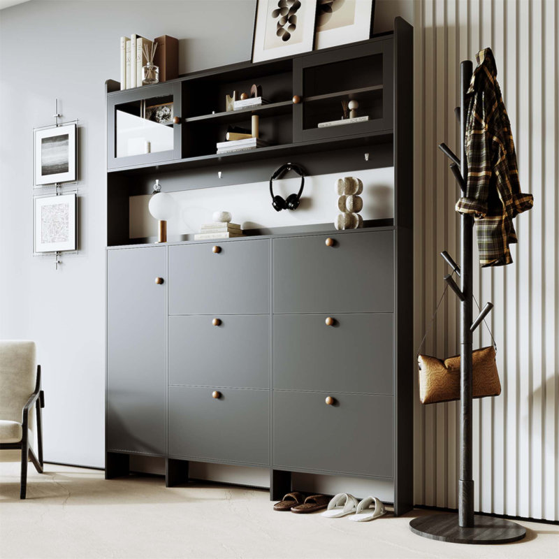 Multifunctional Shoe Cabinet with Storage Shelf & 6 Flip Drawers, Modern Large Hall Tree with Tempered Glass Doors, Elegant Foyer Organizer