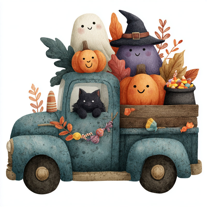 «Festive Halloween Truck Ride», art mural sur toile tendue, H 20 po x l 20 po