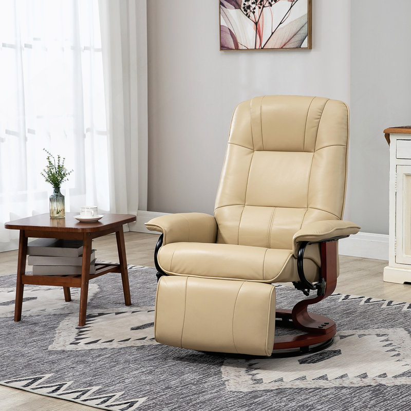 Fauteuil inclinable manuel en similicuir avec base pivotante en bois, blanc, Cream White