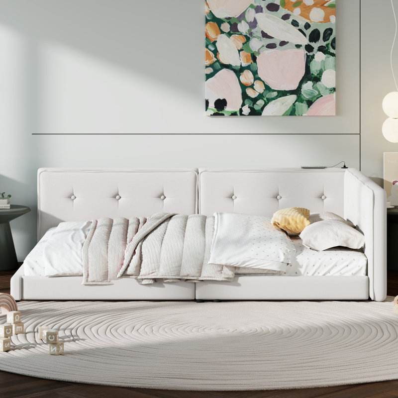 Lit plateforme tapissier avec ports USB, Beige, Lit double