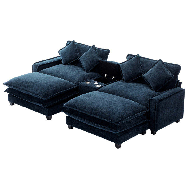 Sectional Sofa With Two USB Ports And Two Cup Holders, Upholstered Sofa With Two Removable Ottoman, Blue