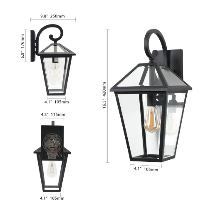Ensemble de 2 lanternes murales extérieures noires de 10 po, applique en verre transparent résistant aux intempéries pour l'entrée de garage de patio