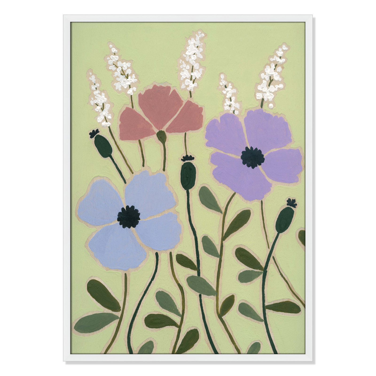 Maura "Woodblock Floral III" Print, 35.5" H x 25.5" W x 1.25" D, Satin White Framed
