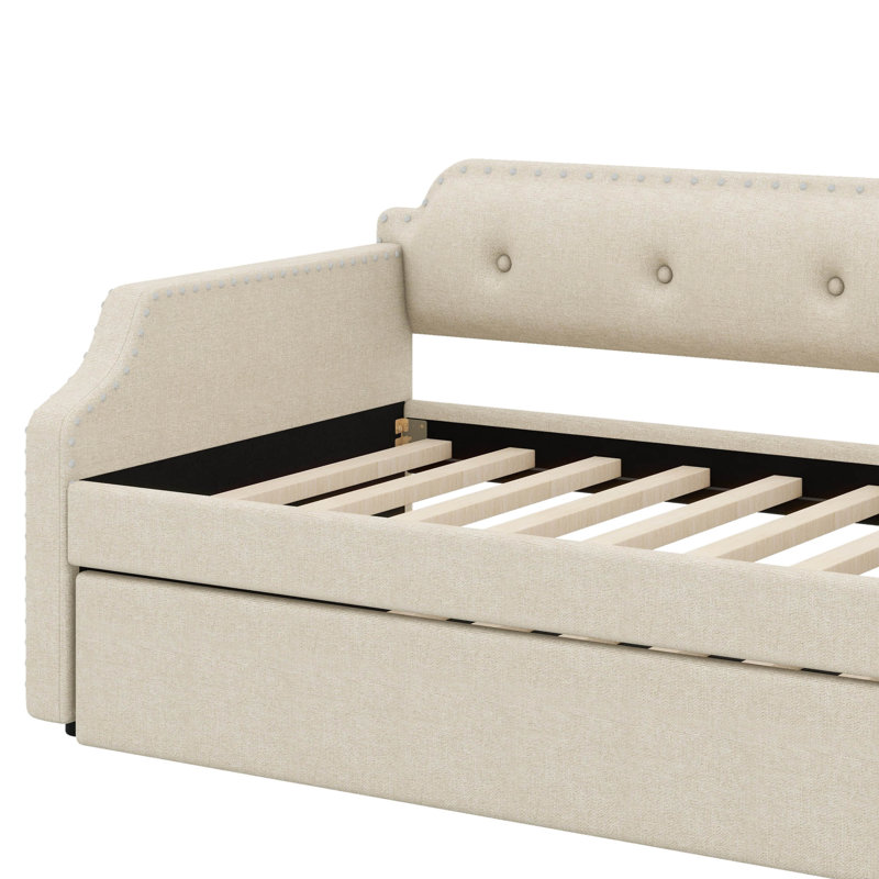 Twin Size  Linen Upholstered Daybed Sofa Bed With Pull-Out Trundle Design, Beige