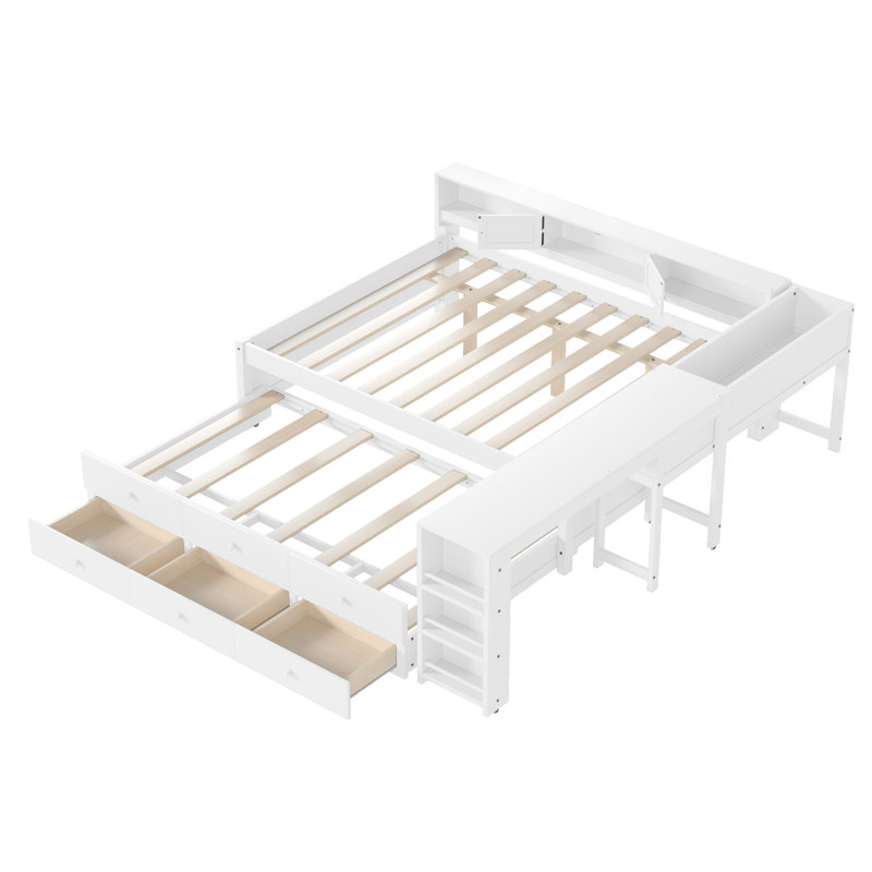 Full Size Daybed With Trundle,Wood Daybed Frame with Storage Drawers,Side Shelves and Desk,White, Full/Double, White