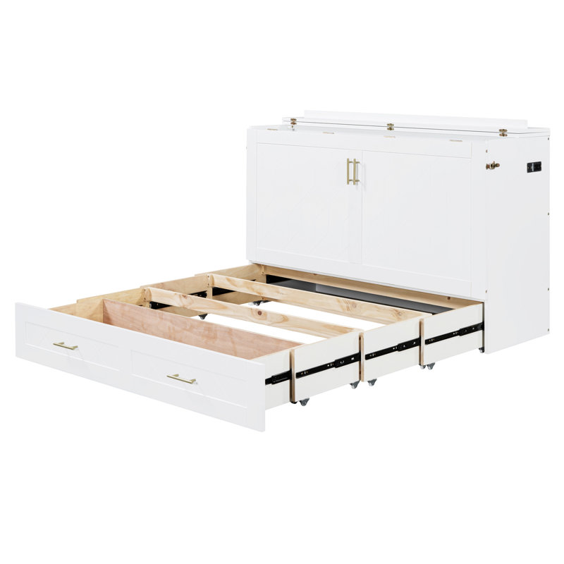 Agostinho Henline Murphy Bed with Drawer and USB Ports & AC Outlets, Wall Bed with Pulley Structure Design, White