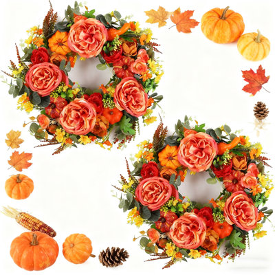2 couronnes d'automne pour la porte d'entrée, couronne d'automne de 18 pouces pour la maison avec pivoine, citrouille et baies pour la décoration intérieure de la ferme de l'Action de grâce