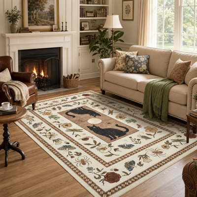 Tapis lavable 240 x 300 cm, motif chat et lune, style botanique, antidérapant, idéal pour salon, chambre, salle à manger ou bureau.