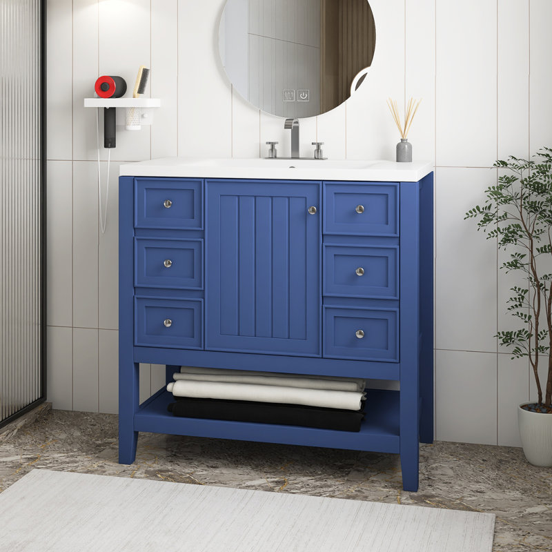36" Single Sink Freestanding Bathroom Vanity with Ceramic Sink, Blue