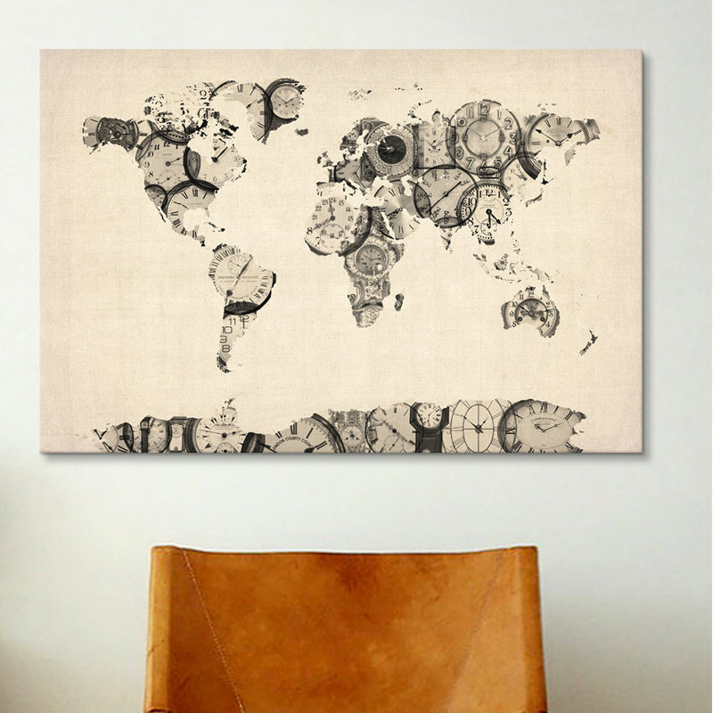 «Map of the World Map from Old Clocks», reproduction d'impression, Toile, H 12 po x l 18 po x P 1,5 po