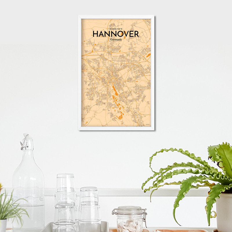 «Hannover City Map», impression, H 17 po x l 11 po, Orange / or pâle