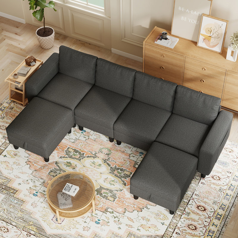 Canapé modulaire de 110 po avec dossier réglable pour le salon, canapé modulaire en U avec repose-pieds de rangement (gris foncé)