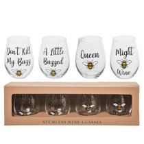 Handpainted Bumble Bee Stemless Wine Drinking Glasses Set of 4 Cute