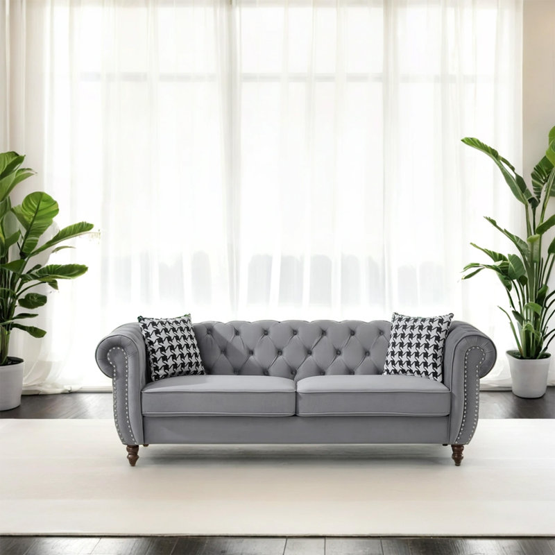 Canapé de 87 po en tissu d'ameublement Chesterfield ‌velvet, Gris
