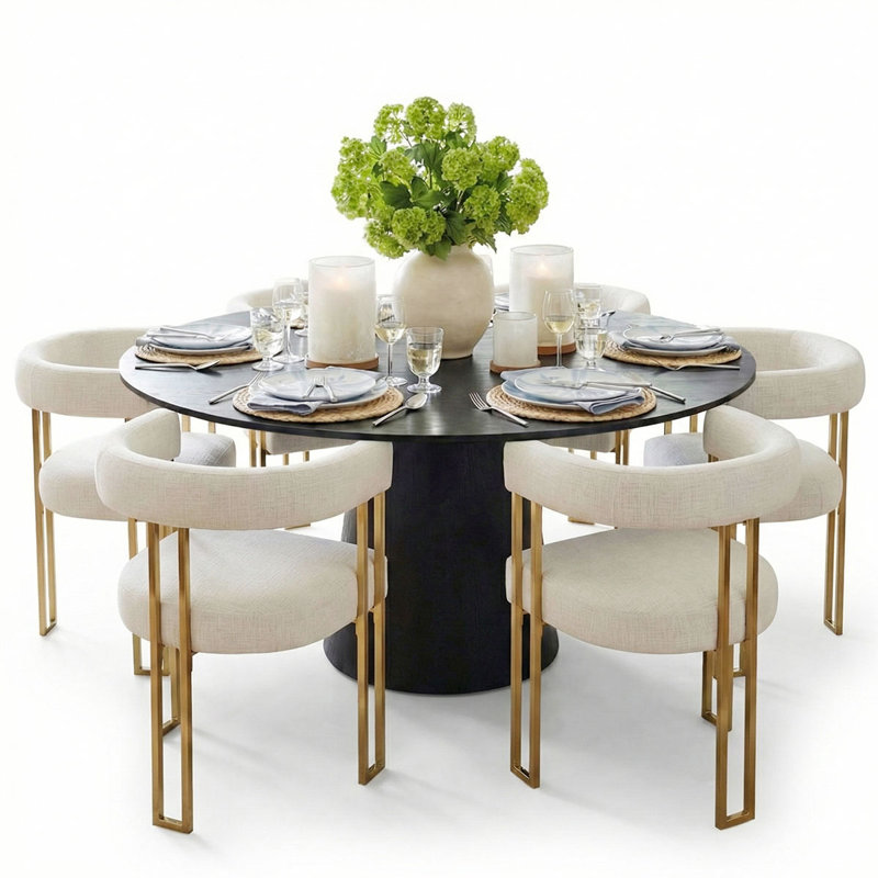 6 - Person Dining Table Sets With 60'' Round Table & 6 Upholstered Chenille Gold Chairs, Ivory/Gold