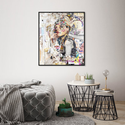 Katy-Hirschfeld - Pensive Beauty, Urban Collage Female Modern White Canvas Wall Art Print For Living Room
