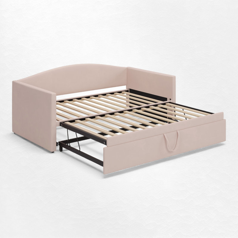 Upholstered Daybed With Trundle – Slat Support, Pink