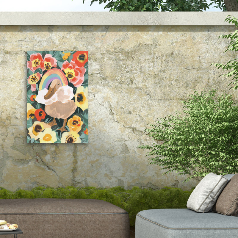 Canard bolognaise avec arc-en-ciel sur toile, H 47 po x l 30 po