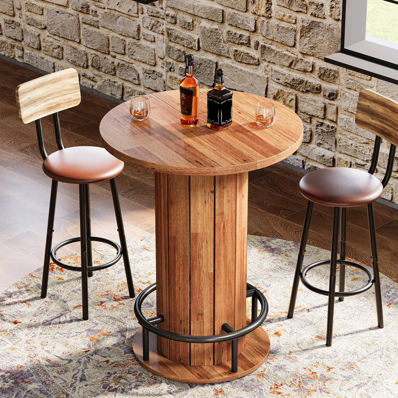 Table de bar 39,4 po, table bistro ronde avec repose-pieds en métal, table unique, Noyer brun