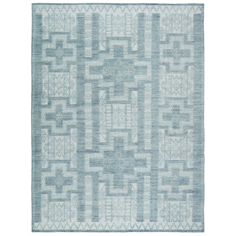 Cirus Hand Knotted Geometric Blue/ Ivory Area Rug (6''X9''), Rectangle 6' x 9', Blue/Ivory
