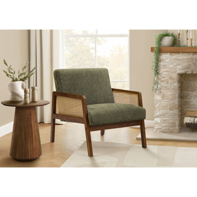 30" H Mid-Century Modern Upholstered Accent Chair, Green Fabric with Brown Walnut Solid Wood Legs for Living Room Bedroom