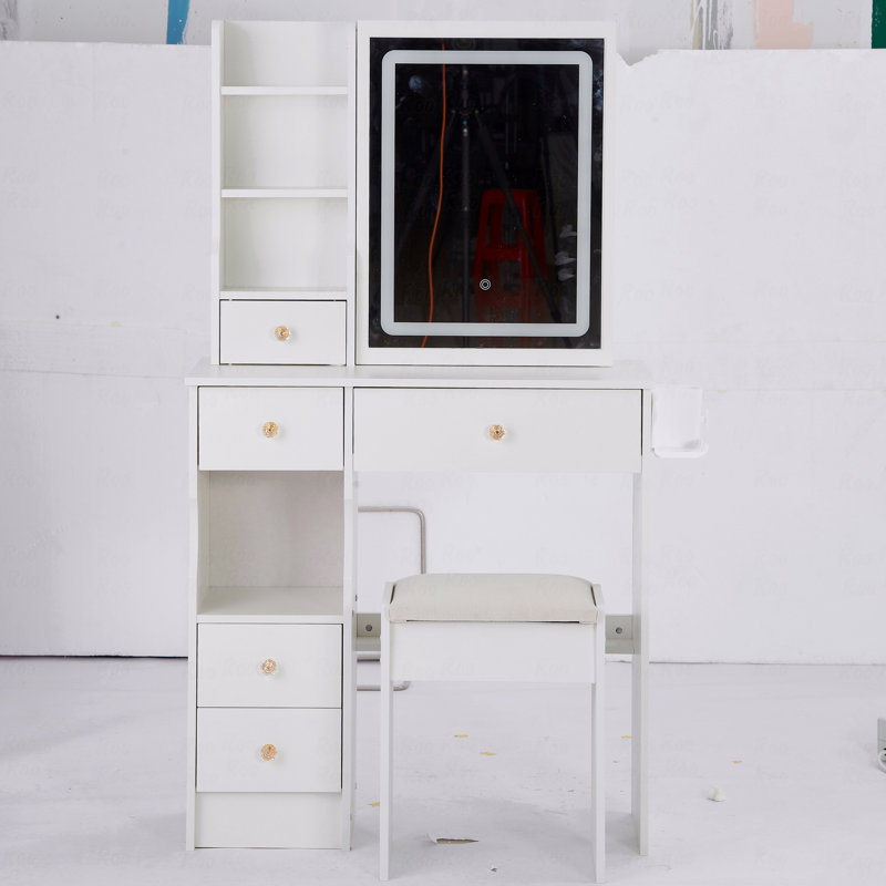 29.2" Small Size Left Drawer Desktop Vanity Table + Cushioned Stool, 2 Ac+2 Usb Power Station, Hair Dryer Bracket, Extra Large Touch Control Sliding Led Mirror, Tri-Color Switching, Brightness Adjust