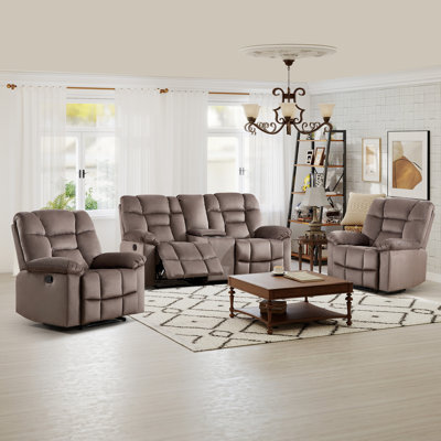 3-Piece Contemporary Manual Reclining Living Room Set With 2 Recliner Chairs & Loveseat With Console & Cup Holders