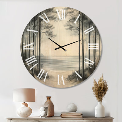 Misty Pine Coast II - Horloge murale de plage silencieuse, imprimée sur bois