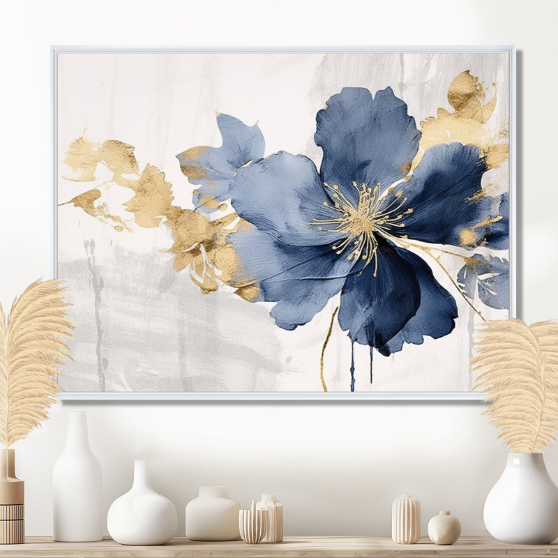 Hibiscus bleu et blanc, fleurs d'harmonie tropicale I - art mural floral, H 24 po x l 32 po x P 1 po, Cadre flottant blanc
