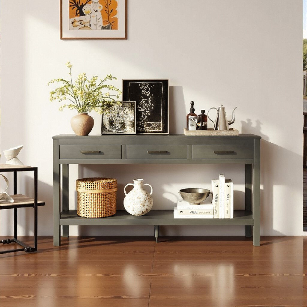 One Allium Way® 62" Farmhouse Console Table with 3 Drawers & Shelf ...