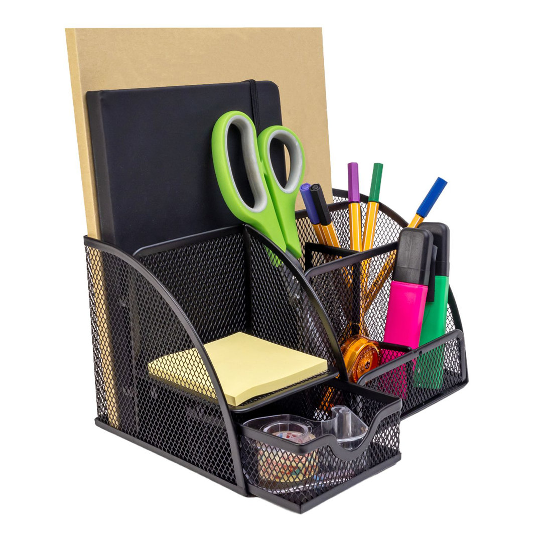 Tisch Organizer Aus Eisen Mesh In Schwarz - 22 X 14 X 13 Cm - Schreibtisch Organizer Mit Mehreren Fächern Stiftehalter B...