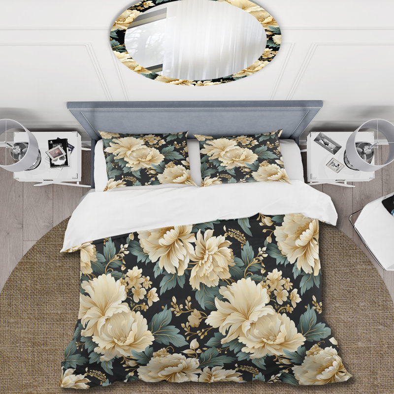 Beige And Blue Ornate Damask Legacy V - Ensemble de housse de couette à motif floral