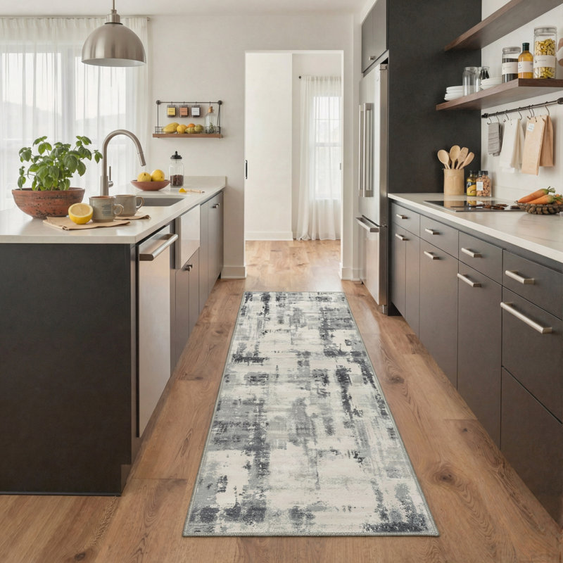 Mignone Aura Abstract Machine Washable Beige / Black / Grey Indoor Area Rug with Non-Slip Backing, Runner 2'6" x 8'