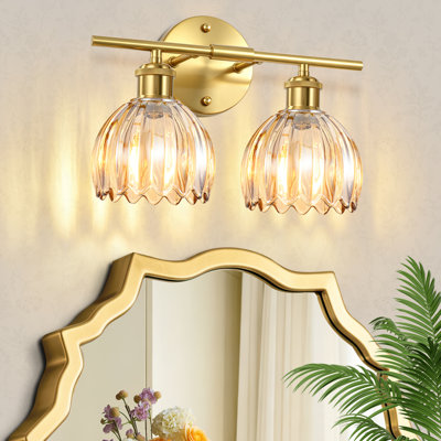 2-Light Vanity Light Fixtures With Amber Tulip Glass Shades - Modern Bathroom Wall Lighting For Bedroom, Kitchen, Living Room
