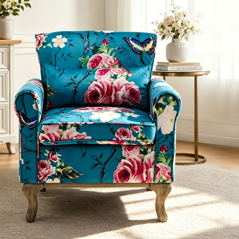 Chaise d'appoint en velours à imprimé floral avec coussin, pieds en bois massif, Blue/Pink