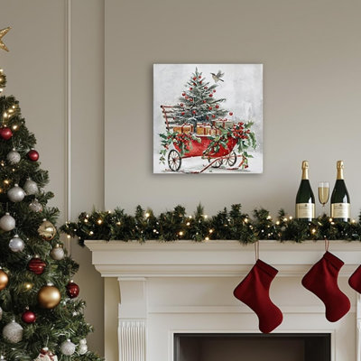 Arbre de Noël rustique et chariot-cadeau, art mural 16 "x 16"