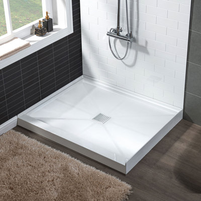 36" Solid Surface Square Single Threshold Shower Pan Base with Drain Assembly & Drain Cover Included, Non-Slip