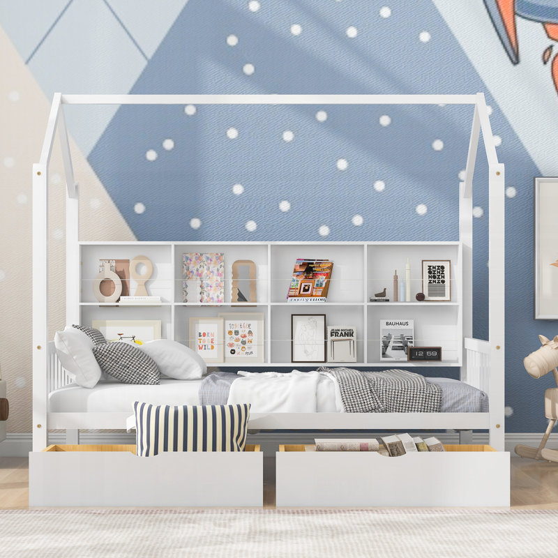 Lit simple avec 2 tiroirs, lit pour enfant avec tablette de rangement, blanc et bois massif Solid +